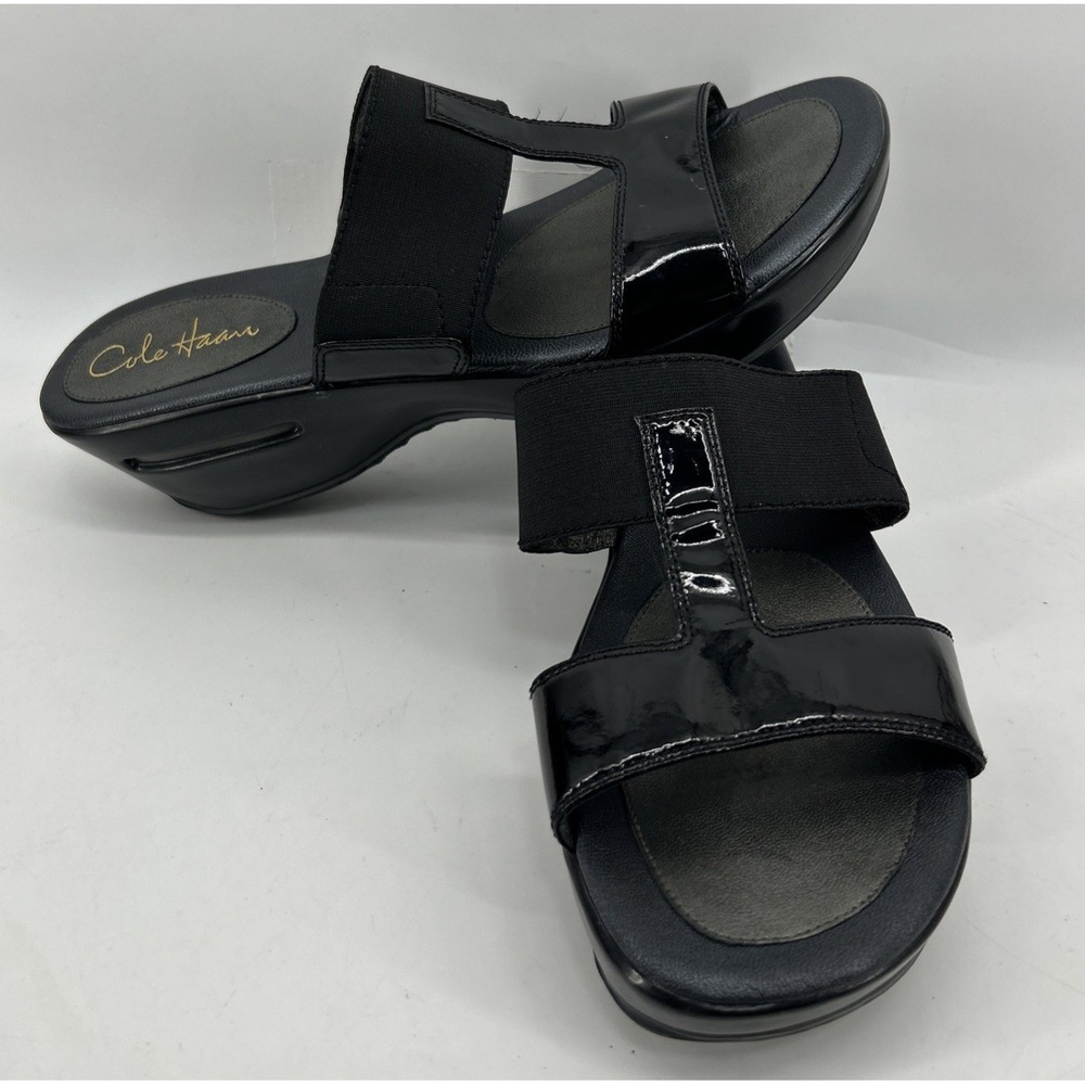 Cole Haan Black Patent Leather Wedge Sandals Slip On Women's Size 9.5B